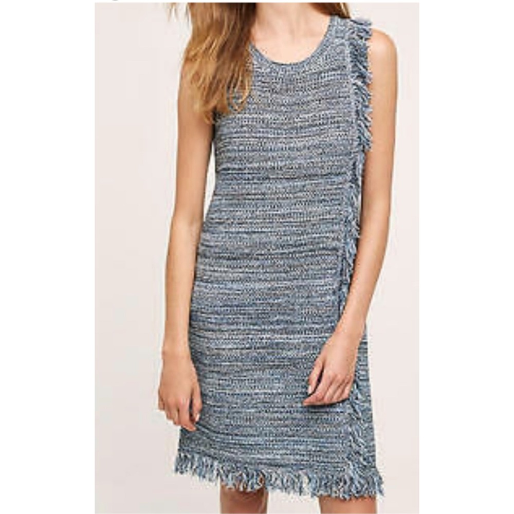 Holding Horses Anthropologie Blue Knit Sleeveless Dress with Fringed Detail